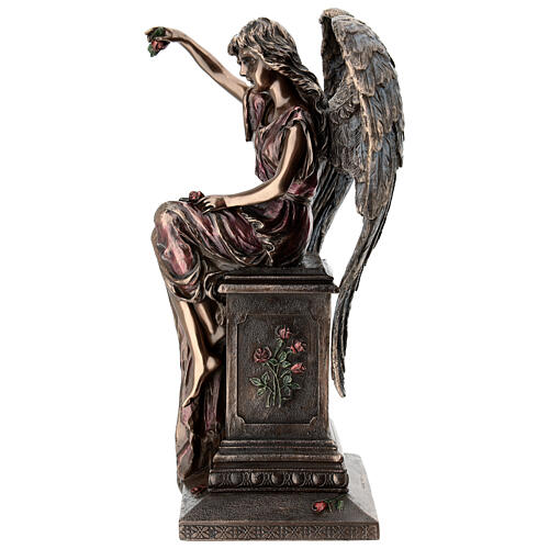 Angelo bronzato seduto su lapide con rose 30 cm Veronese Design 8