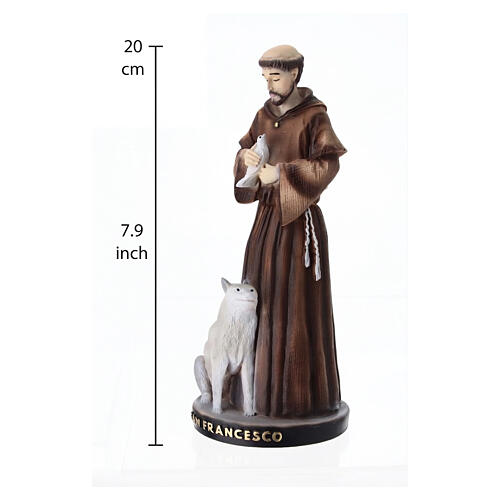 Statuetta San Francesco dipinta in resina con colomba e lupo 20x8 cm 2
