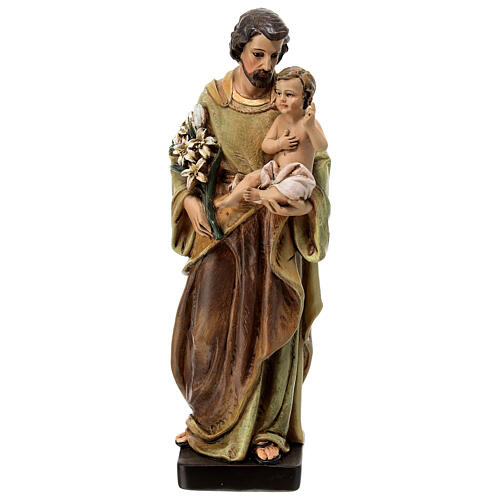 Statue, Heiliger Josef mit dem Jesuskind, Holzmasse, koloriert, 20 cm 1