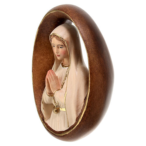 Oval sculpture of Our Lady of Fatima, painted wood of Val Gardena 2