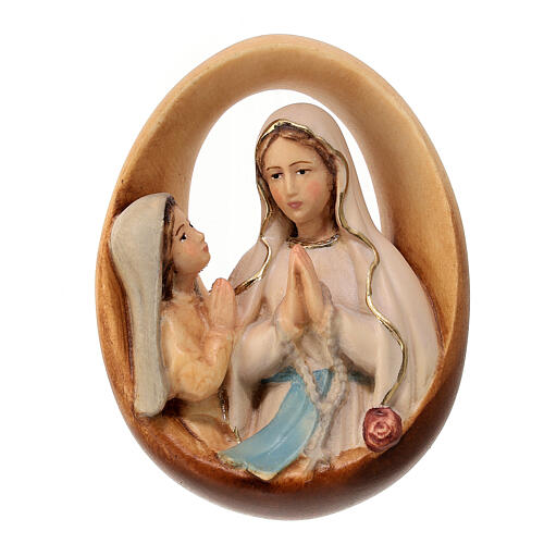 Statuette ovale Notre-Dame de Lourdes et Bernadette bois peint Val Gardena 1