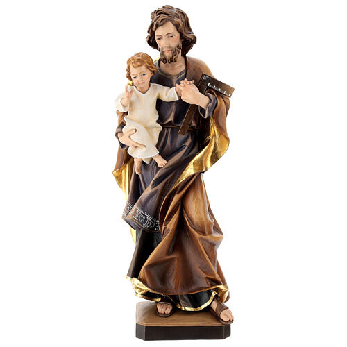 Heiliger Josef mit dem Jesuskind und einem Winkel, Ahornholz, in gedeckten Tönen koloriert, Grödnertal 1