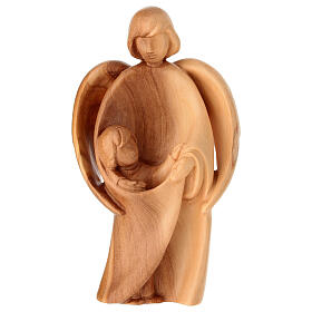 Estatua madera olivo Ángel de la Guarda con Niño Val Gardena