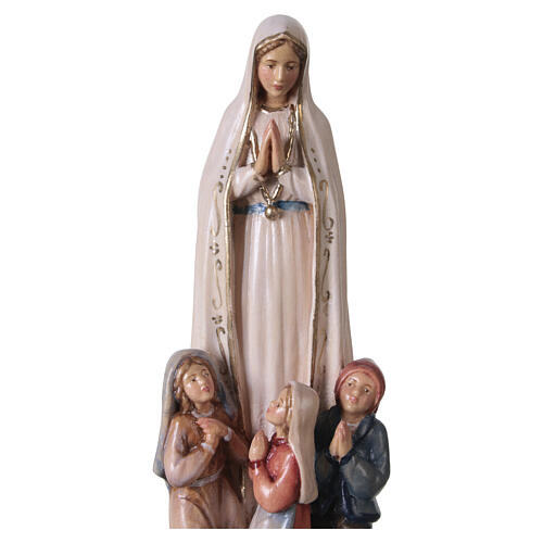 Estatua Virgen de Fátima madera pintada con pastorcillos Val Gardena 4
