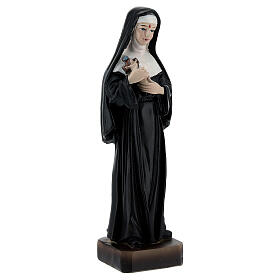 Linda imagem de resina que representa Santa Rita de Cássia, padroeira das causas impossíveis, com o crucifixo nas mãos e o estigma na testa