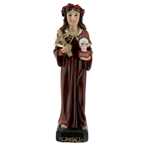 Santa Rosalia teschio croce dorata statua resina 13 cm 1