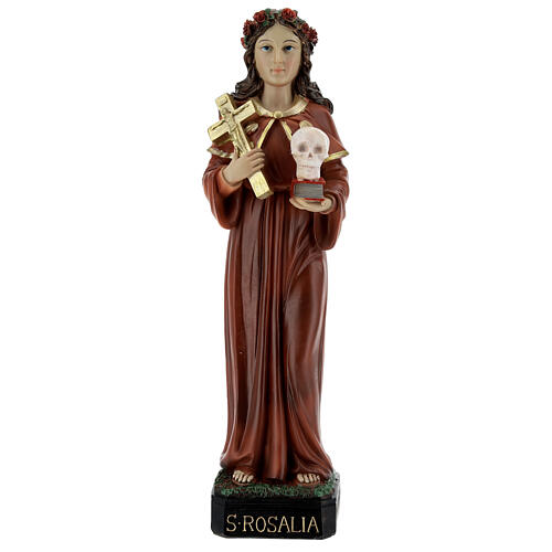 Statue Sainte Rosalie couronne roses tête mort résine 32 cm 1