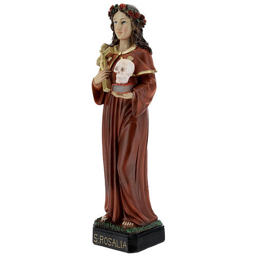 Statue Sainte Rosalie couronne roses tête mort résine 32 cm 3