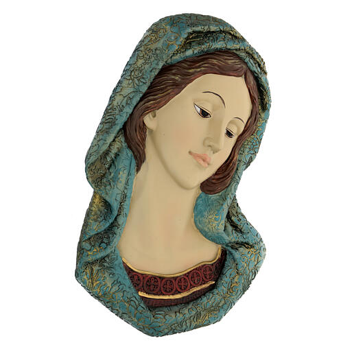 Face of the Virgin Mary in resin with golden decorations 28x18 cm. 3
