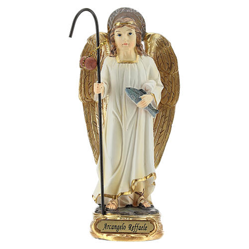 Archangel Raphael with fish 12 cm statue in painted resin 1