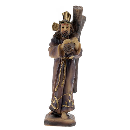 Jesús lleva la Cruz vestidos oro marrón estatua resina 12 cm 5