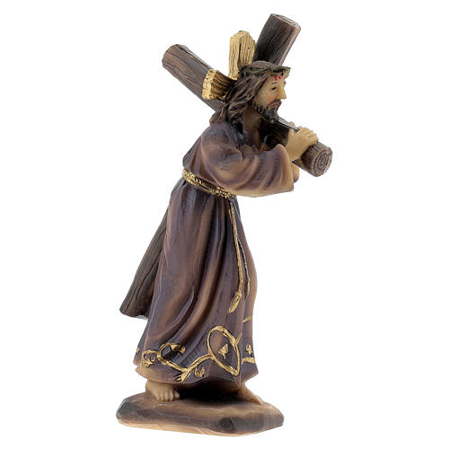 Jésus porte la Croix vêtements or marron statue résine 12 cm 3