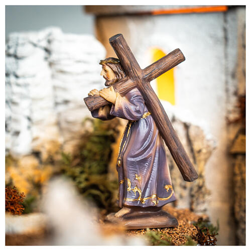 Jésus porte la Croix vêtements or marron statue résine 12 cm 2