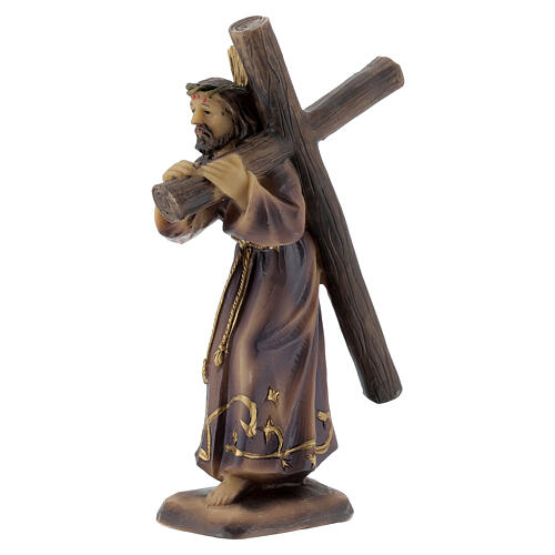 Jésus porte la Croix vêtements or marron statue résine 12 cm 3