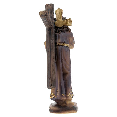 Gesù porta la Croce vesti oro marrone statua resina 12 cm 4