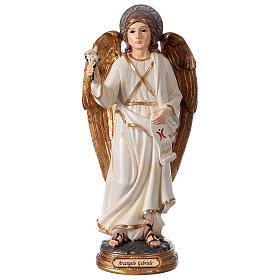 Statue Archangel Gabriel detailed gold painted on round base 30 cm