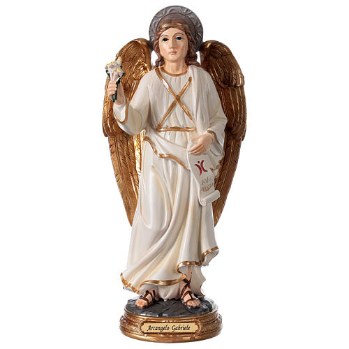 Statue Archangel Gabriel detailed gold painted on round base 30 cm 1