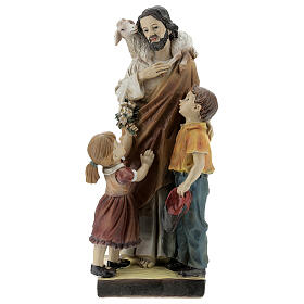 Jesús con niños cordero estatua resina pintada 20 cm