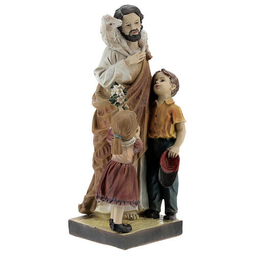 Jesús con niños cordero estatua resina pintada 20 cm 3