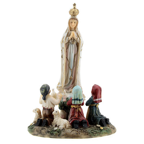 Statue aus Harz Unsere Liebe Frau von Fátima mit Kindern und Lämmchen, 14 cm 1