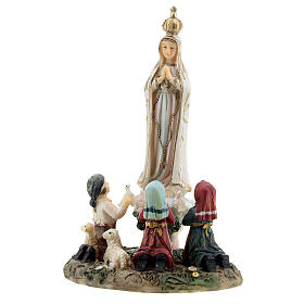Nossa Senhora de Fátima com pastorinhos e cordeiros imagem resina 14 cm