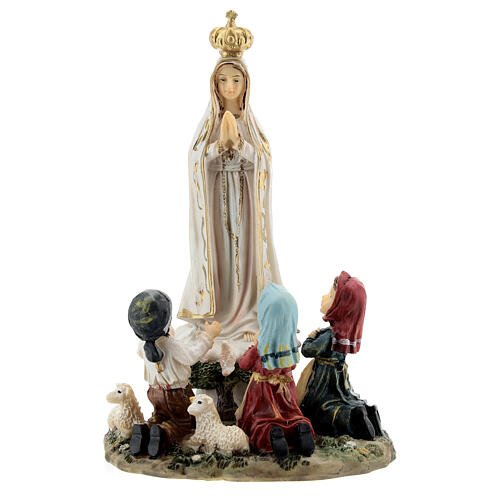 Nossa Senhora de Fátima com pastorinhos ajoelhados imagem resina 16 cm 1