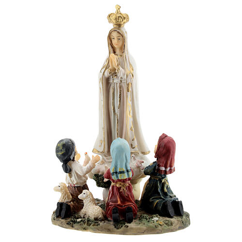 Nossa Senhora de Fátima com pastorinhos ajoelhados imagem resina 16 cm 2