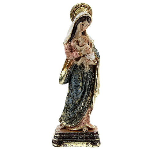 Nossa Senhora com Menino Jesus detalhes dourados e base quadrada, imagem resina 14,5 cm 1
