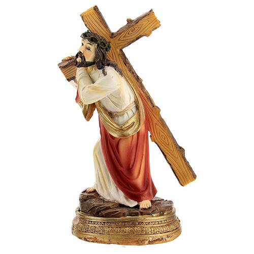 Gesù con croce in spalla Salita al Calvario resina dipinta a mano 12 cm 1