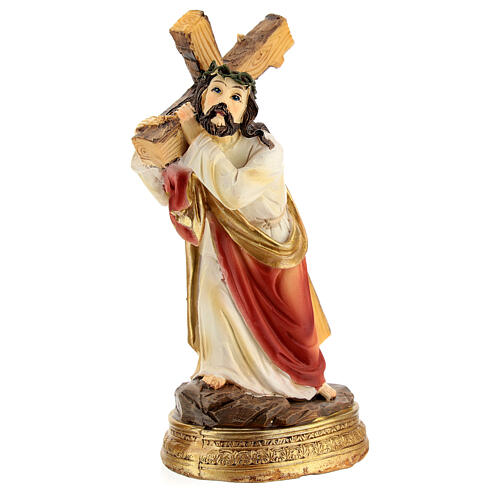 Gesù con croce in spalla Salita al Calvario resina dipinta a mano 12 cm 5