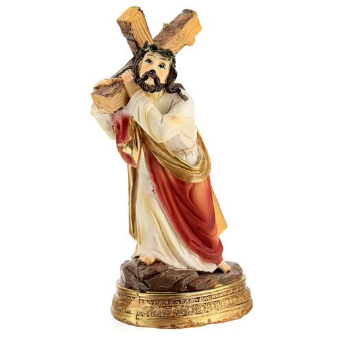 Gesù con croce in spalla Salita al Calvario resina dipinta a mano 12 cm 6