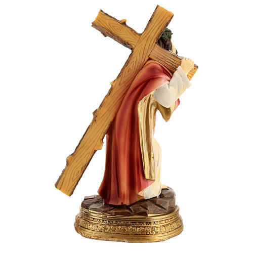 Gesù con croce in spalla Salita al Calvario resina dipinta a mano 12 cm 9