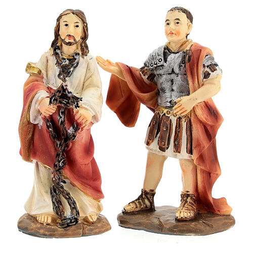 Julgamento de Jesus e Barabbás, 4 peças, resina pintada à mão 10 cm 3