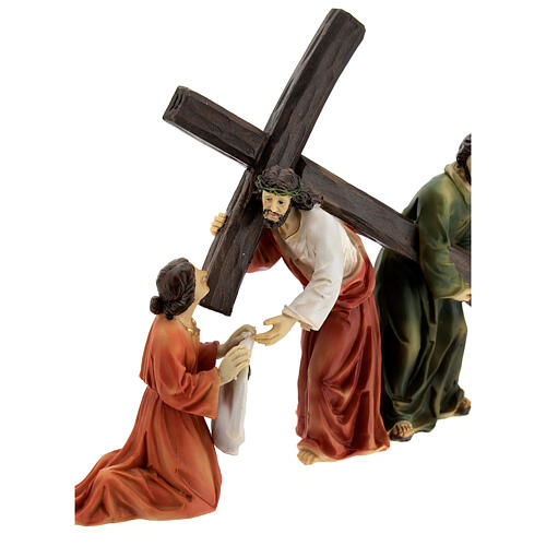 Climb to Calvary, Jesus, Veronica and good Samaritan, Passion of Christ, hand-painted resin, 6 in 3