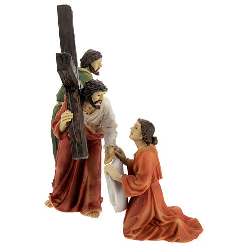 Climb to Calvary, Jesus, Veronica and good Samaritan, Passion of Christ, hand-painted resin, 6 in 5