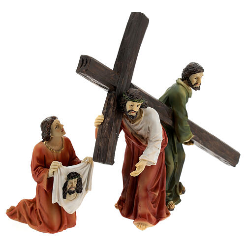 Climb to Calvary, Jesus, Veronica and good Samaritan, Passion of Christ, hand-painted resin, 6 in 11