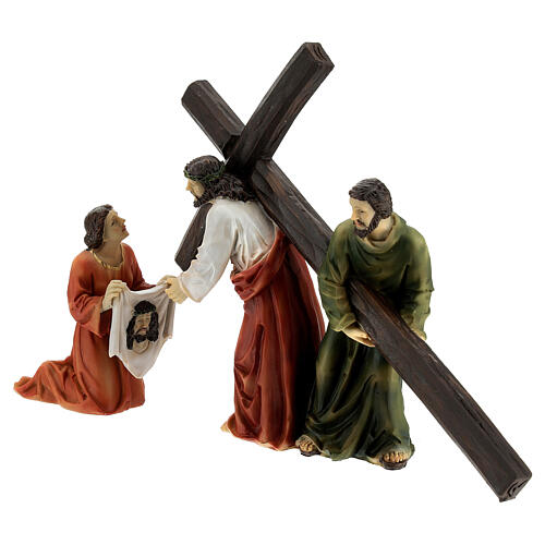 Climb to Calvary, Jesus, Veronica and good Samaritan, Passion of Christ, hand-painted resin, 6 in 12