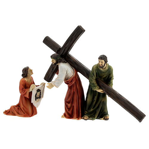 Subida ao Calvário Jesus Simão e Verônica resina pintada à mão 15 cm 1