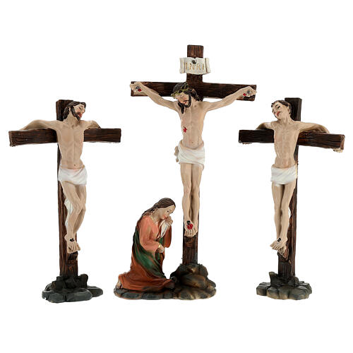 Crucifixión Jesús escena 5 piezas resina pintada a mano 20 cm 10