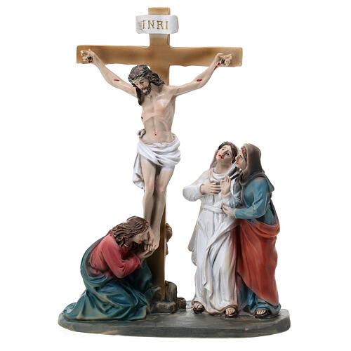 Crucifixión de Jesús escena resina pintada a mano 15 cm 1