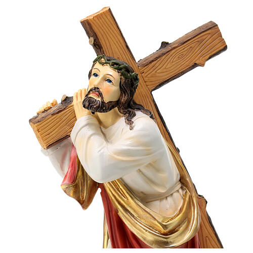 Jesus cai com a cruz subida ao Calvário resina pintada 30 cm 4