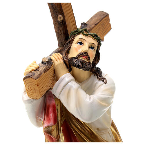 Jesus cai com a cruz subida ao Calvário resina pintada 30 cm 6