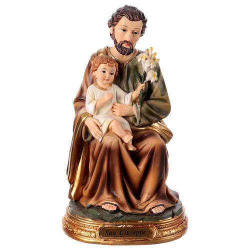Heiliger Josef, sitzend, mit Jesuskind und Lilie, aus farbig gefassten Resin, 20 cm 1
