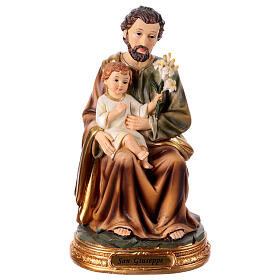 Statuina San Giuseppe seduto con bambino giglio resina colorata 20 cm