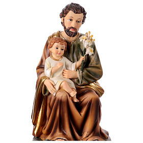 Statuina San Giuseppe seduto con bambino giglio resina colorata 20 cm