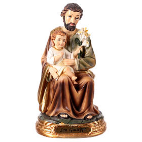 Heiliger Josef, sitzend, mit Jesuskind und Lilie, aus farbig gefassten Resin, 15 cm