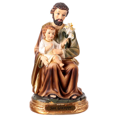Heiliger Josef, sitzend, mit Jesuskind und Lilie, aus farbig gefassten Resin, 15 cm 1