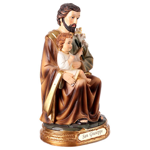 San Giuseppe resina statuina 15 cm seduto Gesù bambino in braccio giglio 3