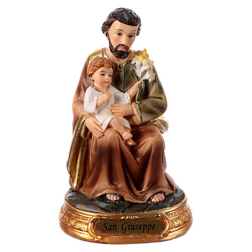 Statue of St Joseph sitting with Jesus Child, painted resin, 4 in 1