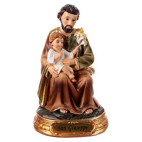 San José sentado estatua 10 cm resina coloreada Niño en brazos lirio